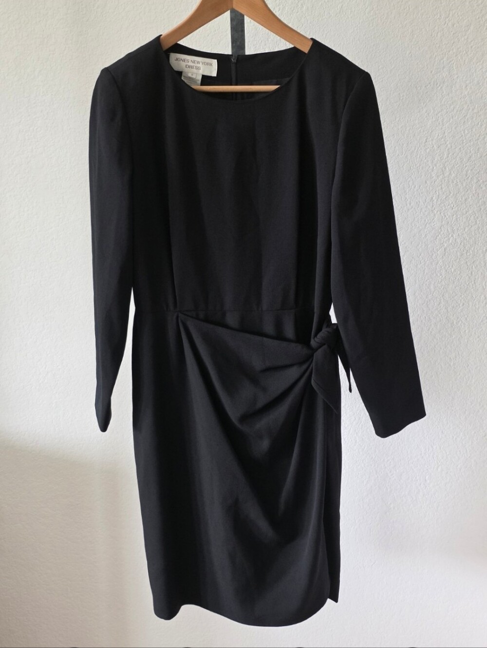 Jones New York Dress Black Sheath Wrap Tie Career Office Midi Dress Size 8